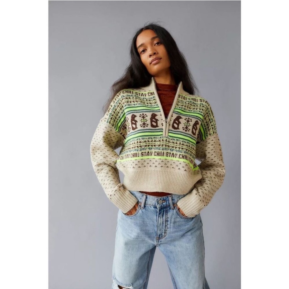 Urban Outfitters BDG Jesse Half-Zip Sweater Tan Brown and Neon Green - XS - Picture 5 of 16